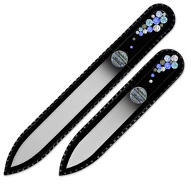 Mont Bleu Premium Set of 2 Glass Nail Files Hand Decorated with Crystals - in Black Velvet Sleeve - Genuine Czech Tempered Glass - Mothers Day Gifts - Fingernail File for Natural Nails