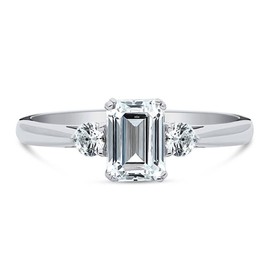 BERRICLE Sterling Silver 3-Stone Wedding Engagement Rings 1 Carat Emerald Cut Cubic Zirconia CZ Anniversary Promise Ring for Women, Rhodium Plated Size 7.5