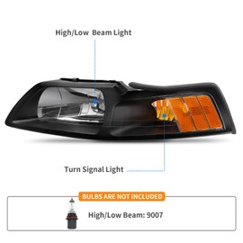 DWVO LED DRL Headlights Assembly Compatible with 1999 2000 2001 2002 2003 2004 Ford Mustang Headlamp Replacement Pair with Daytime Running Light Black Housing Clear Reflector