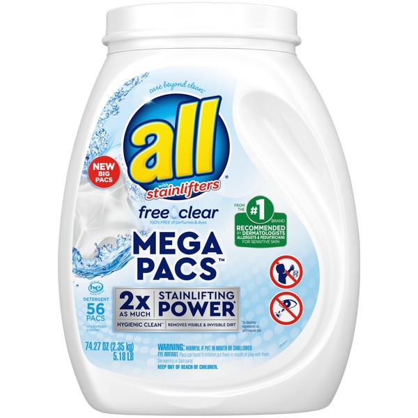 all Mega Pacs Laundry Detergent Pacs, Free Clear for Sensitive Skin, Unscented and Dye Free, 56 Count