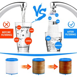 MplehDa 2 Pieces Water Filter for Tap, 360° Filter, with 4 Pieces Cotton Filter Element, Extension, Descaler Attachment Kitchen Bathroom (B)