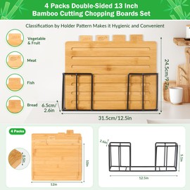 Deco Wooden Cutting Boards,12x10 Inch Bamboo Wood Cutting Board for Kitchen,4-Piece with Storage Stand| Food Category Icons,for Kitchen,Party