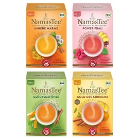 Teekanne NamasTee - Alle 4 Sorten - Kräutertee nach Ayurvedischer Mischung - Power Frau (27g), Gold des Kurkuma (30g), Glücksgefühle (30g), Innere Wärme (27g)