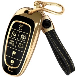 Lucrum Compatible with Hyundai Palisade Key Fob Cover & Leather Keychain - Keyfob Case for Santa Fe Tucson Ioniq 5 Sonata (2019-2023) - Black and Gold