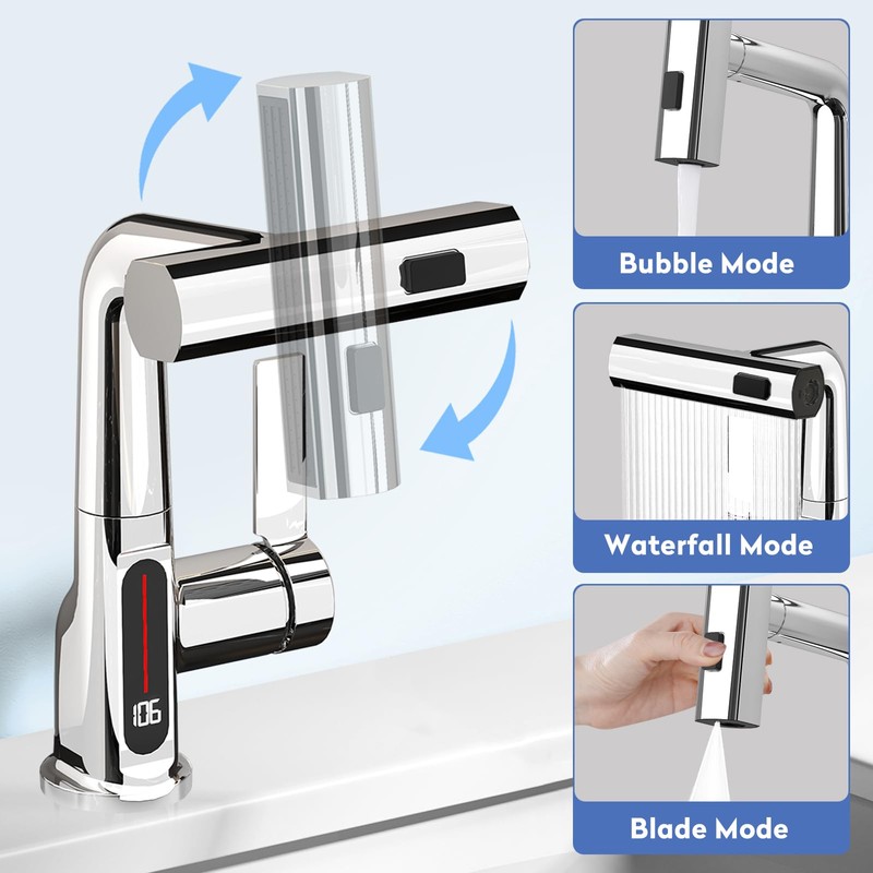 SINGSUO Bathroom Sink Faucet 1 Hole with Temperature Display, Single