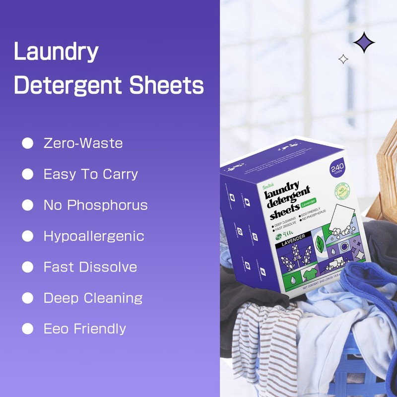 Soulink Lavender Laundry Detergent Sheets, 240 Loads - Eco-Friendly, Plant-Based,