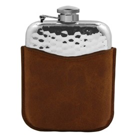 English Pewter Company 6oz Hammered Pewter Hip Flask With Captive Top and Luxury Brown Leather Pouch [PLF04]