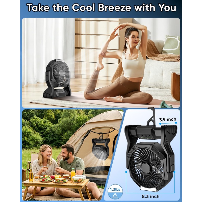 Portable Rechargeable Fan, 20000mAh Battery Powered Camping Fan with LED