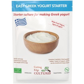Easy Greek Yogurt Starter by Cutting Edge Cultures Creamy, Healthy, Homemade Yogurt in Just 24 Hours No Yogurt Maker Neccessary Heirloom Traditional Non GMO No Additives Or Preservatives Keto & Low Carb Friendly Super Gut Promoting 2 Packets for 1 Quart Each (Greek Yogurt Starter)