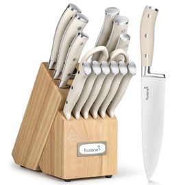 Kuisine Premium Sharp Knife Set,High Carbon Stainless Steel Ergonomic Handle,Knife Block Set with Built-in Sharpener(15PCS,Ivory)