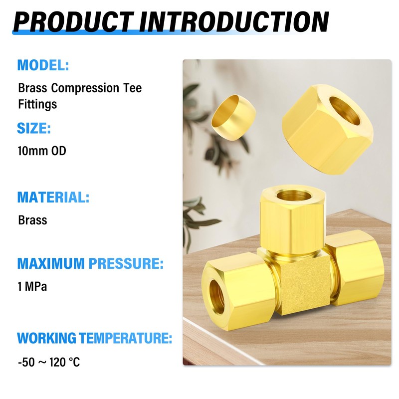 TAILONZ PNEUMATIC 2PCS Brass Compression Tube Pipe Fitting Connector, Tee，10mm
