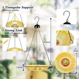 MUMTOP Hanging Bird Bath-Bird Baths for Outdoors - 12 Inch Glass Bird Water Bowl Bird Feeders for Outside, Garden, Lawn Yard Decor（Yellow）