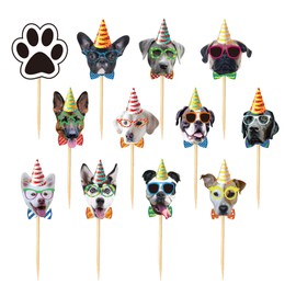 TSJ 24PCS Dog Cupcake Toppers, Dogs Face Cake Toppers, Puppy Pet Theme Birthday Party Decorations Supplies for Kids