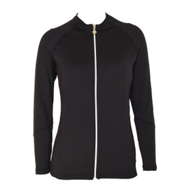 Private Island Women UPF50+ Front Zipper Up Long Sleeve Swimsuits Top with Both Side Pockets Swim Rash Guard (XL, Black-JRSRGT)