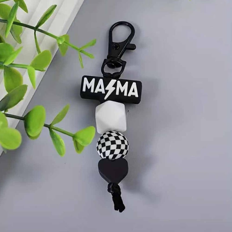 Lemua Black Mom Keychain Silicone Beaded Mama Keychain Checkered Accessories
