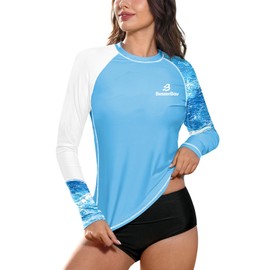 Women Summer Swimming Uv UPF Rashguard Sunscreen Loose Fit Sunproof Shirt Blue Sea L