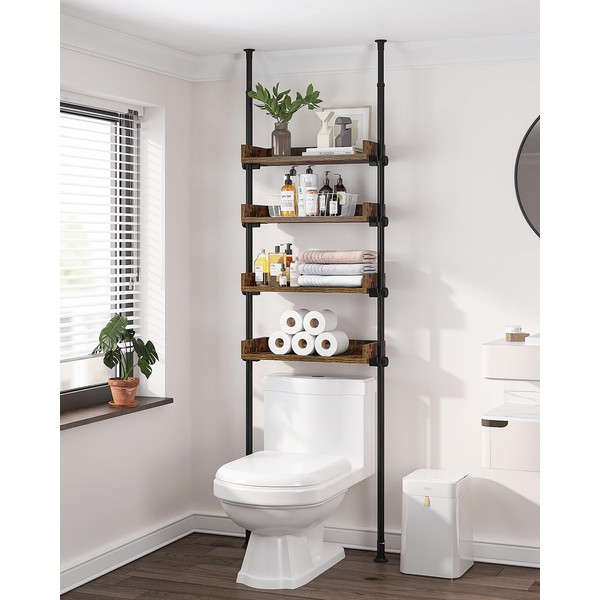 ALLZONE Bathroom Organizer, Over The Toilet Storage, 4-Tier Adjustable Wood Shelves for Small Rooms, Saver Space Rack, 92 to 116 Inch Tall, Narrow Cabinet, Rustic Brown