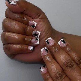 Square Press on Nails Short Fake Nails Black White Star False Nails Glossy Glitter Glue on Nails for Women 24Pcs