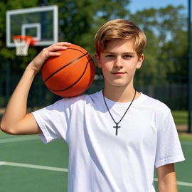 WINFY Basketball Cross Necklace for Boys Men Inspirational Christian Bible Verse Cross Pendant Stainless Steel Chain 20+2 inch Basketball Jewelry Religious Gift for Men(Black 1-9)