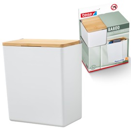 tesa Baboo L Bathroom Organiser with Bamboo Lid, Matt White, Bathroom Storage Box for Wall Mounting without Drilling, Includes tesa Powerstrips Waterproof Strips XL, 182 mm x 210 mm x 102 mm