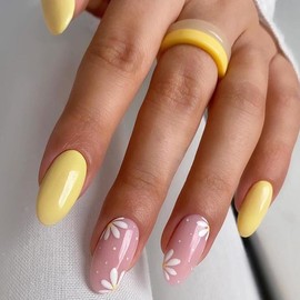 Medium Press on Nails Almond Fake Nails Flower False Nails with Pink Yellow Design Glue on Nails Floral Acrylic Nails Glossy Full Cover Stick on Nails for Women Spring Manicure 24Pcs
