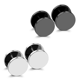 JewelrieShop Black Faux Gauges Plugs Earrings for Men Stainless Steel Dot Disc Studs Circle Flat Back Cheater Tunnel Dumbbell Earrings Women(18 Gauges,2 Pairs,12mm,Black and Silver)
