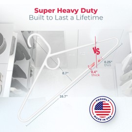Made in USA Super Heavy Duty Plastic Clothes Hangers - Bulk Packs Available, Strong Hangers for Closet and Clothing (24pk White)