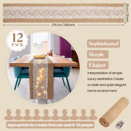 Tudomro 12 Pcs Burlap Table Runner with LED String Lights 12 x 108 Inches Rustic Jute Lace Table Runners Farmhouse Jute Linen Decoration Wedding Decor for Holiday Party Wedding Decorations