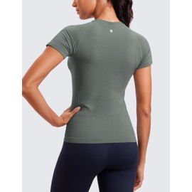 CRZ YOGA Seamless Workout Tops for Women Short Sleeve Athletic Tees Breathable Gym Running Yoga Shirts Grey Sage XX-Small