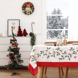 Wewoch Christmas Tablecloth 60"x84" Water Resistant Polyester Table Cloth with Leaf Print Ideal for Indoor Dining Holiday Décor