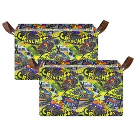 Monster Truck Storage Basket Bin Graffiti Car Yellow Green Organizer Basket Collapsible Shelf Basket Cube With Leather Handle Funny Letters Toy Storage Box For Nursery Bedroom Bathroom Room Decor