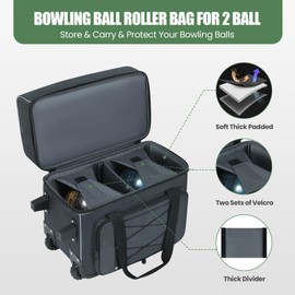 Double Roller Bowling Bag With Shoes Compartment, Large Capacity Multi-Pocket Bag for 2 Balls and Accessories, Wheeled With Retractable Handle (Black)