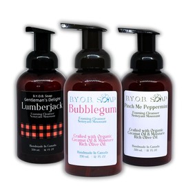 B.Y.O.B. Soap Foaming Cleanser Set - Made With Organic Coconut Oil and Olive Oil, Moisturizing Handwash, 12 Oz, 3-Pack (Lumberjack, Bubblegum, Peppermint Scents) Handmade in small batches