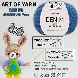 Art of Yarn Denim 55% Cotton,45% Poliacrylic, 4 Skeins Total 200gr (7,055 oz),640m (699 yds),Soft & Smooth Yarn Sport – Fine(2) for Crocheting, Knitting, Amigurumi, Baby Blankets, Baby Garments 99917