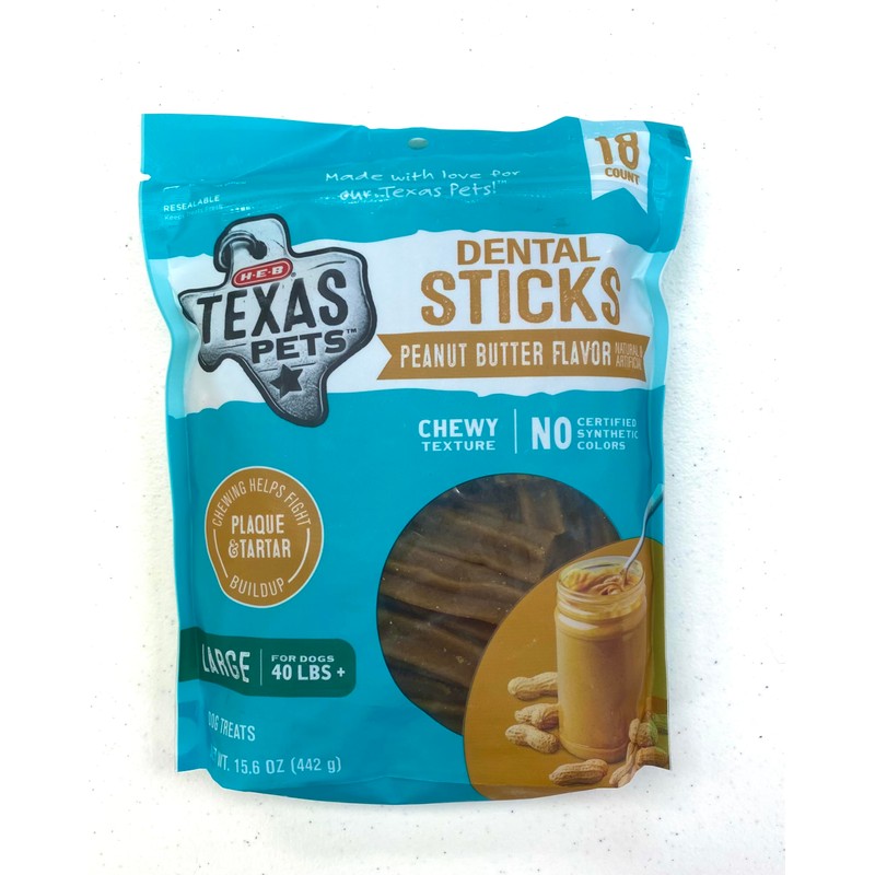 HEB Texas Pets Dental Sticks, Peanut Butter Flavor, Large, 18