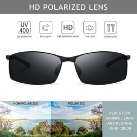 SUNGAIT Men's Ultralight Polarized Sunglasses Rectangular Metal Frame with Spring Hinge, black frame gray lens