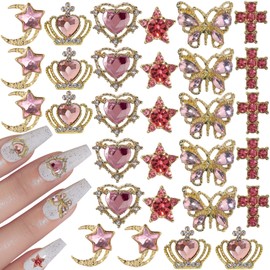 editTime Metal Alloy Nail Charms Rhinestones Kit 3D Gold Silver Stars Butterfly Heart Rose Flower Nail Gems Shiny Crystal Rhinestones Diamonds Jewelry (pink-30)
