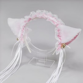 Kuroobaa Cat Ears Headband Lolita Style Ruffle Headband with Bell Lolita Cosplay Costume Accessory (White x Pink)