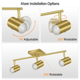 BoostArea 3 Light Track Lighting Fixtures Ceiling, Gold Kitchen Lighting Fixtures Ceiling, LED Track Lighting Kit, Rotatable Light Heads, Modern Track Lights for Kitchen/Living Room/Hallway, No Bulb