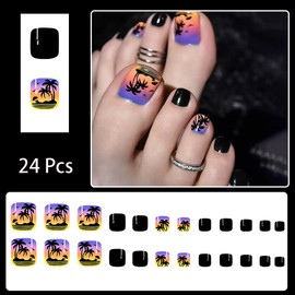 24pcs Summer Press on Toenails Short Square Beach Fake Toenails Stick on Nails Sunset Coconut Tree False Toenails Designs Black Full Cover Acrylic Toenails Glue on Nails for Women