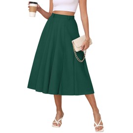 lionstill Women's Casual Skirts Summer Pleated A Line High Waist Below Knee Elegant Zipper Skirt, Dark Green M