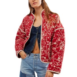 VAOYIU Women's Cropped Puffer Jacket Vintage Cardigan Floral Printed Lightweight Open Front Padded Quilted Coats(2-Red-L-XL)