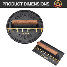 Smasher Burger Press,8.5 Inch Smash Bacon Press Heavy-Duty Cast Iron Griddle Press 3lbs & 8.2 Inch Rectangle Grill Press 2lbs for Hambergur,Panini,Steak & Sandwiches,Food-Grade Press with Wood Handle
