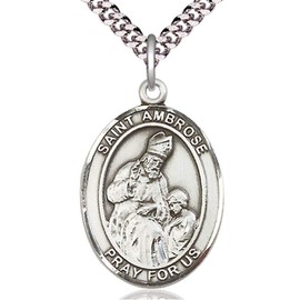 Heartland Store Men's Pewter Oval Saint Ambrose Medal + 20 inch Rhodium Plate Chain & Clasp| USA Made