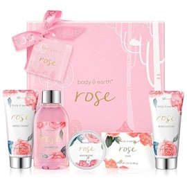BODY & EARTH Caja de regalo para mujer de Bath Spa, juego de 6 piezas de lujo para baño y cuerpo, incluye gel de ducha, mantequilla corporal, crema de