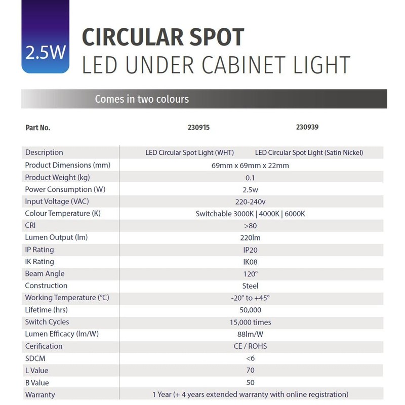 Bright Source LED Circular Cabinet Cupboard Unit Shelf Light, Satin