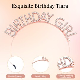 DOINEUFL Birthday Sash for Women, Rose-Gold Glitter Birthday Girl Sash ＆ Crown Crystal Tiara Headband, Party Accessories