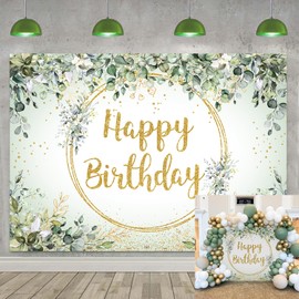 Green Happy Birthday Backdrop Greenery Eucalyptus Leaves Birthday Photography Background for Kids Adults Jungle Neutral Theme Birthday Party Baby Shower Decorations Supplies (8x6FT: 96x72 inch)