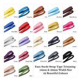 Faux Suede Strap Tape Trimming, Two Size Widths 10mm & 20mm, 22 Colours, Strong Soft Smooth Leather Suede Trim Braid by Neotrims. Pliable 2mm Thick Fake Suede Ribbon for Multi Purpose Crafts.