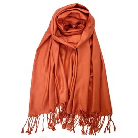Plum Feathers Premium Solid Color and Metallic Fashion Scarf, Womens Pashmina Shawl Wrap with Fringes (Rust)